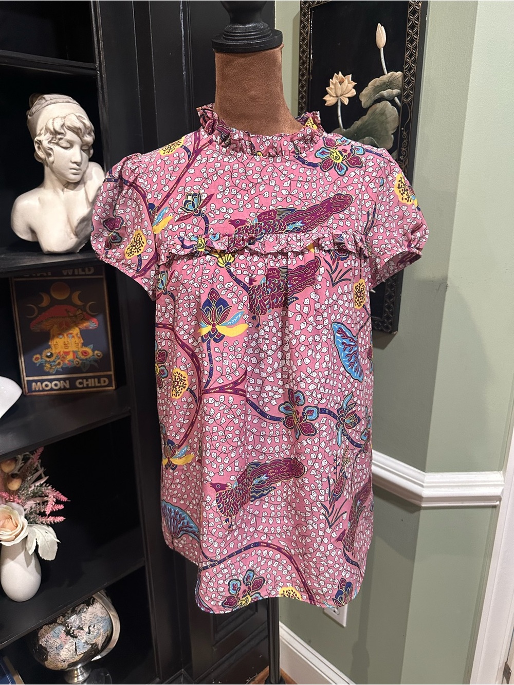 Jade by Melody Tam Boho Peacock & Floral Ruffle Collar Blouse – Size Small